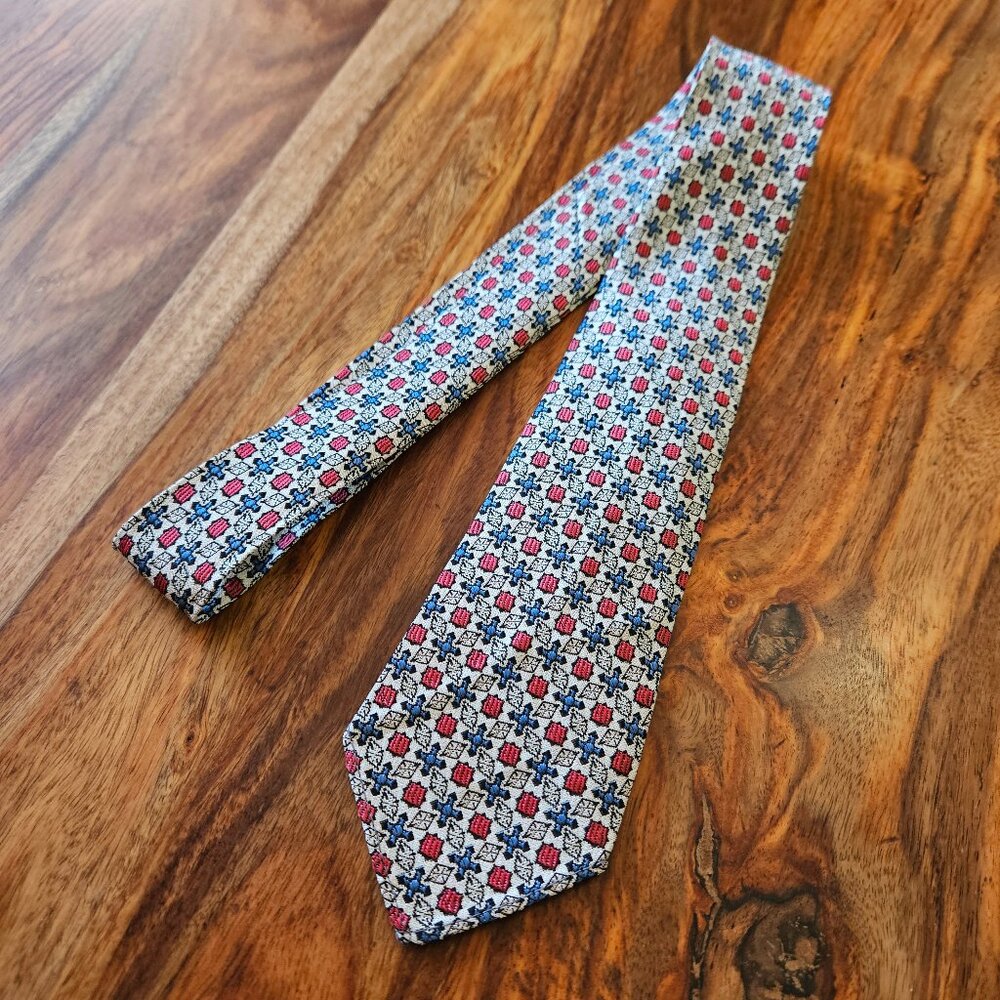 Vintage Beau Brummel 50s Blue Red Silver Woven Acetate Jacquard Mens Tie